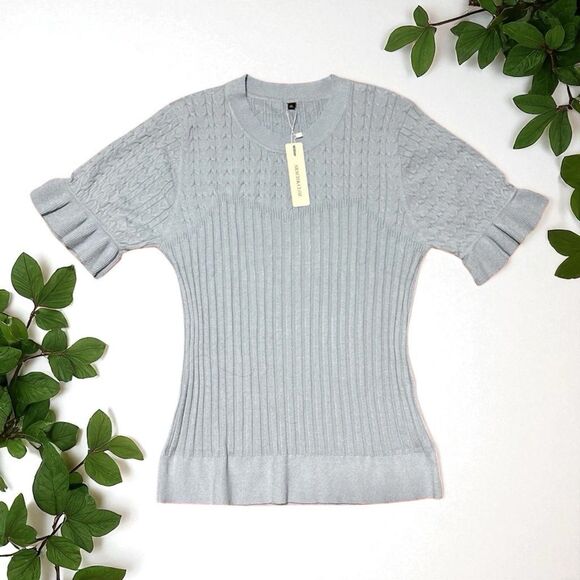 Arach & Cloz Blue Knit Sweater Women’s XL Short Sleeve Pullover Ruffle Hem NWT - Picture 1 of 5